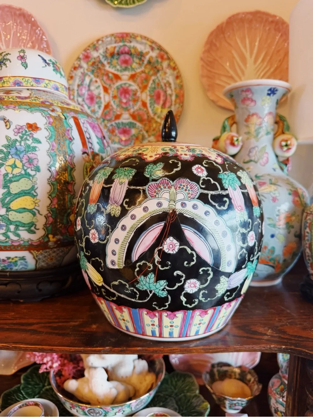 Black Ceramic Butterfly Vase with Multicolor Floral Accents
